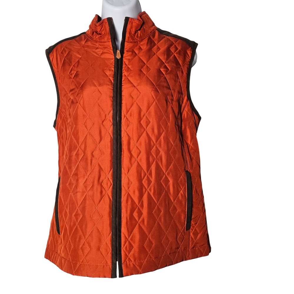 J.McLaughlin Quilted Silk Mixed Media Vest L Pumpkin Orange Equestrian Fal